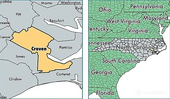 location of Craven county on a map