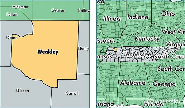 location of Weakley county on a map