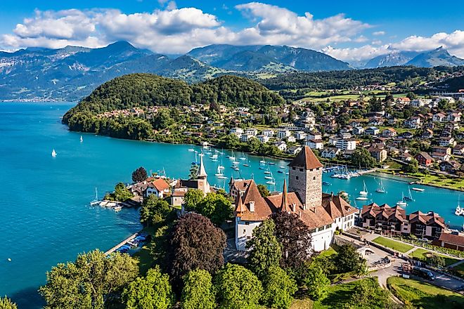 Aerial panoramic view of Spiez, Switzerland.