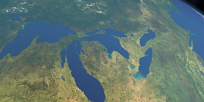 Great lakes in America in planet Earth, aerial view from outer space, 3d rendering