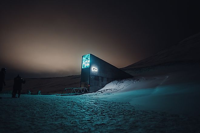 The Global Seed Vault at night in the arctic circle in Longyearbyen, Svalbard