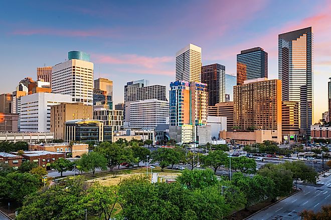Houston, Texas, USA downtown park and skyline at twilight.