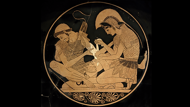 Achilles tending Patroclus wounded by an arrow, identified by inscriptions on the upper part of the vase.