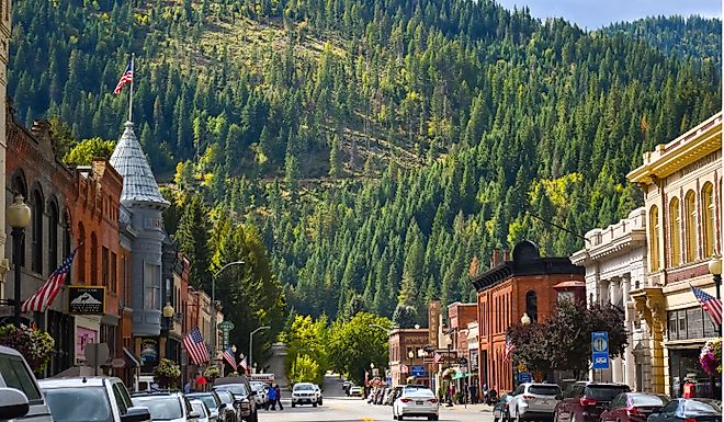 Main street with it's turn of the century brick buildings in the historic mining town of Wallace, Idaho.
