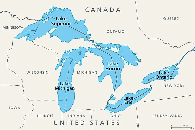 Great Lakes of North America, political map