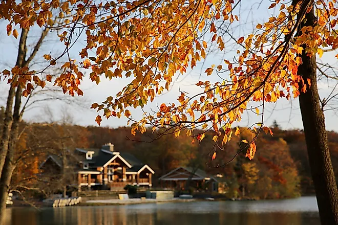 Colorful leaves in fall with lakeside background, Fairview Lake YMCA Camps, Newton, New Jersey.