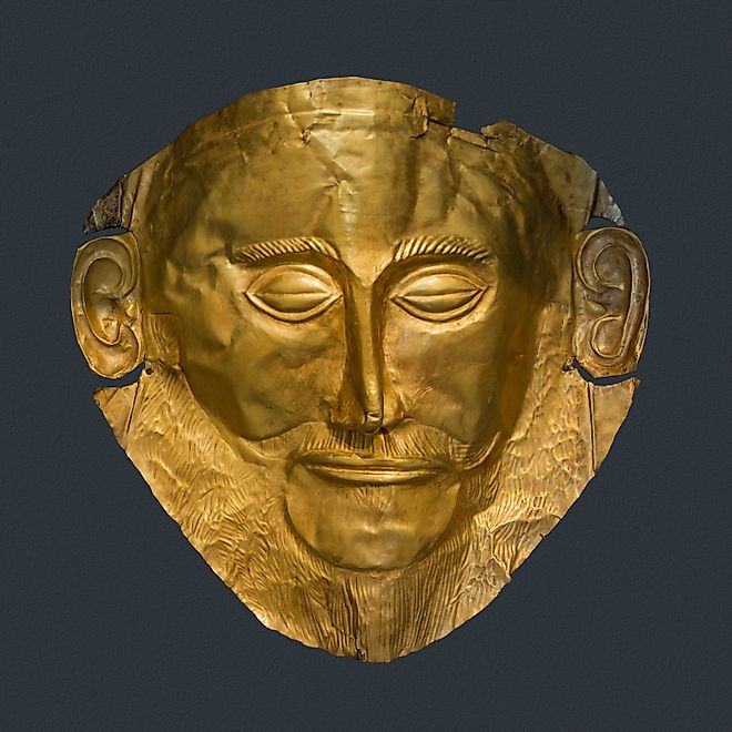 The Mask of Agamemnon, made at Mycenae around the 16th century BCE (National Archaeological Museum of Athens, CC0, via Wikimedia Commons)