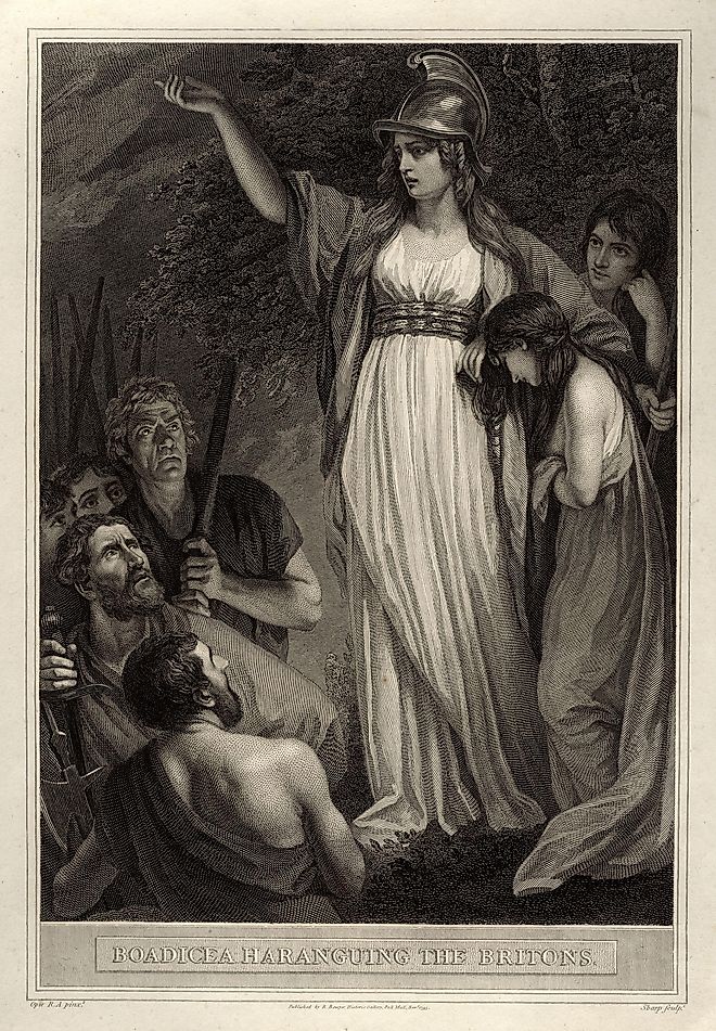 A 1793 engraving by William Sharp of Boudicca (or Boadicea), rallying Britons to her cause. National Portrait Gallery / Commons.Wikimedia.org