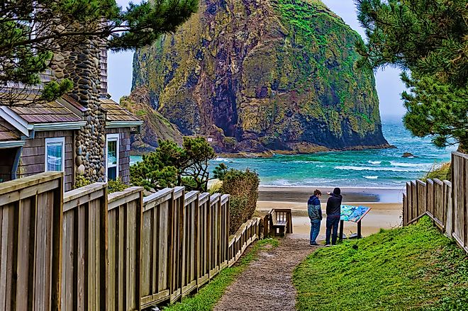 Walking path down to the Haystack Rock in Cannon Beach, Oregon.