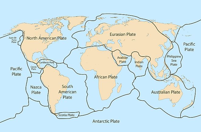 Tectonic plates outlined on the globe.