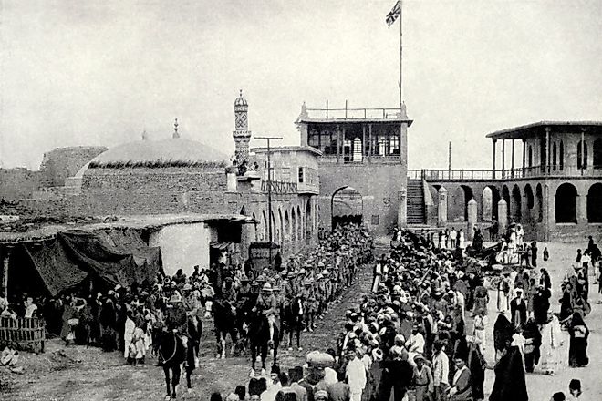 World War 1 in the Middle East. The Union Jack flies over Bagdad as British troops enter the city after its capture from the Ottomans on March 11, 1917.