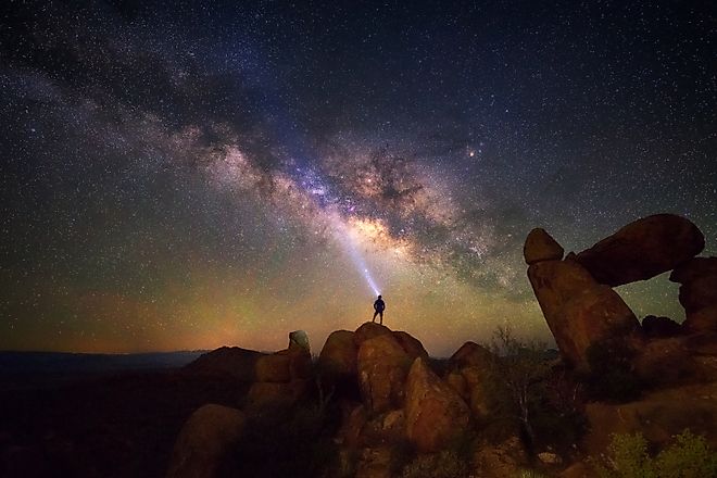 Milky Way at Balanced Rock, Big Bend National Park, Texas, USA. Constellation and galaxy.