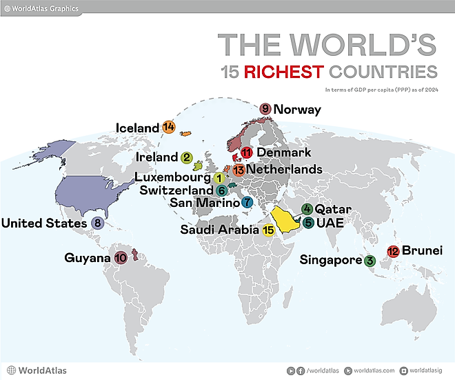 An Infographic map of the richest countries in the world in 2024, ranked by GDP per capita (PPP)