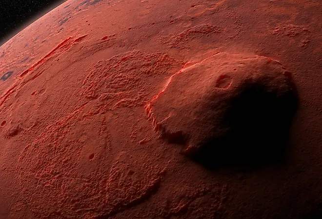 Olympus Mons, volcano on planet Mars, largest volcano in the Solar System.