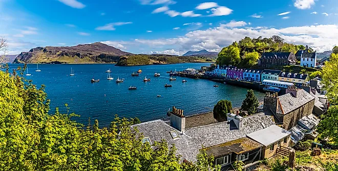 A view over the town of Portree on the Isle of Skye, Scotland. 