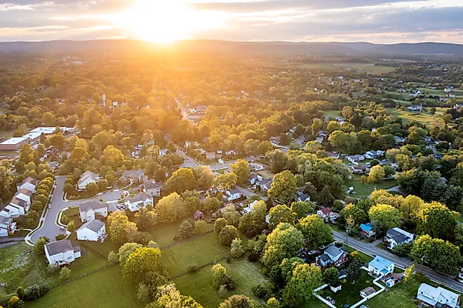 An aerial view of the town of Hamilton, Virginia, located in Loudoun County.