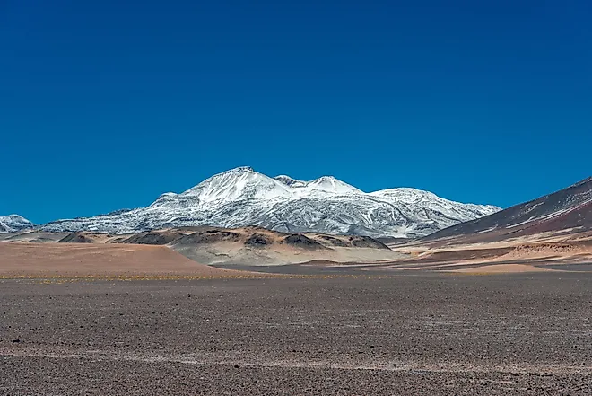 A view of Nevado Ojos del Salado - the world's highest active stratovolcano in Atacama Desert.