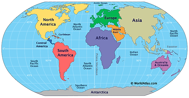 map of the world, including the five oceans: pacific, atlantic, indian, southern, arctic