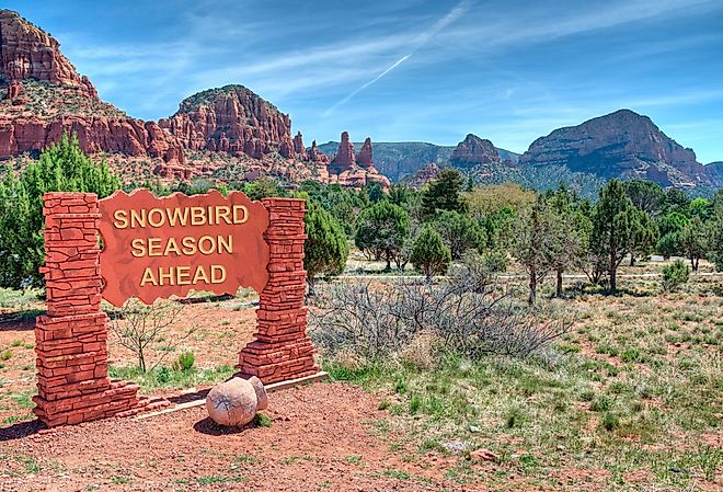 Snowbird Season Ahead sign in Sedona, Arizona.