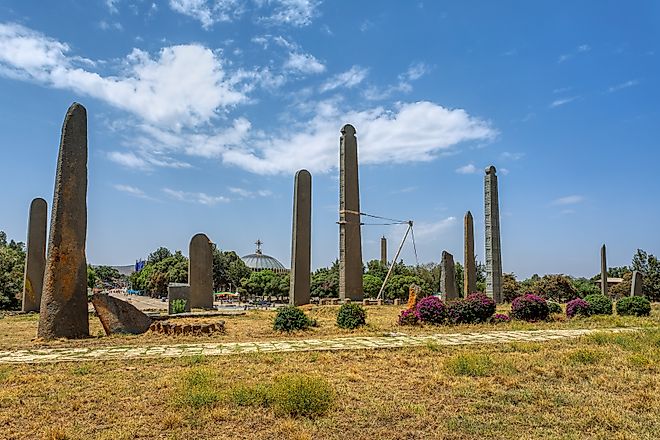 Ancient monolith stone obelisk, symbol of the Aksumite civilization in city Aksum, Ethiopia