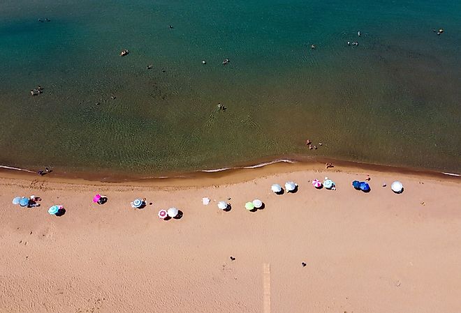 Top view of Zacharo beach in Kyparissia Greece. Bright sunny day on the beach.
