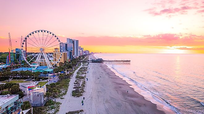  Aerial view of the SkyWheel and coastline of Myrtle Beach, South Carolina.