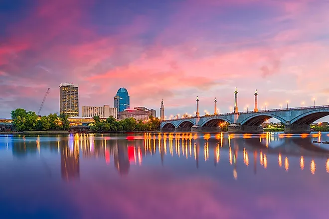 Springfield, Massachusetts, USA, downtown skyline on the river at dusk.