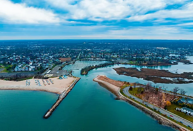 Drone view of entrance to Ash Creek Harbor Fairfield Black Rock, Connecticut.