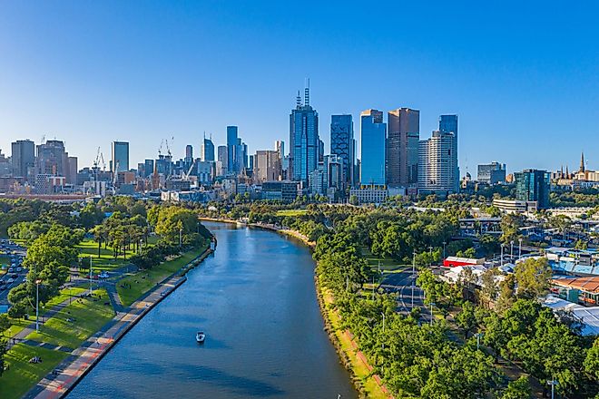 Aerial view of the Melbourne Central Business District and the Yarra River.