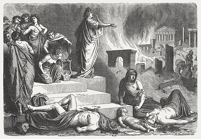 Nero looks at the burning Rome.