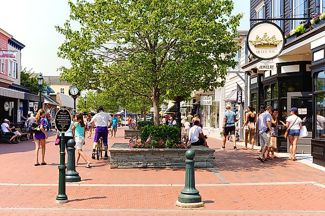 The New Jersey shore resort community of Cape May is home to the colorful Washington Street Mall lined with shops and restaurants, via George Wirt / Shutterstock.com