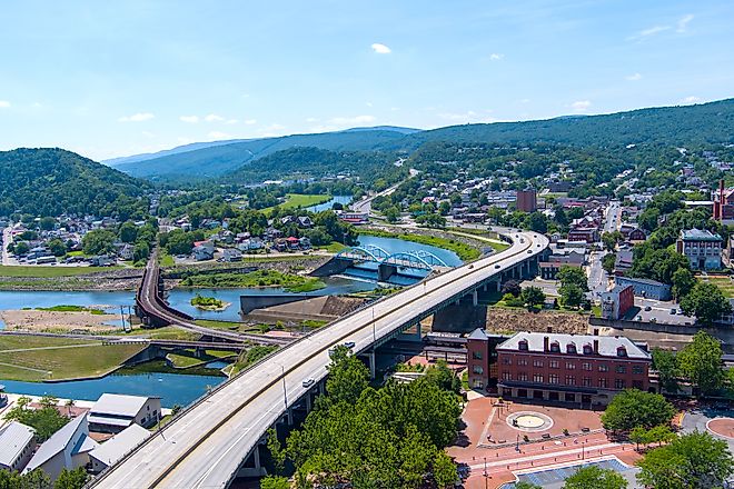 Aerial view of Cumberland, Maryland, an end point along the Mountain to Mountain Scenic Byway. 