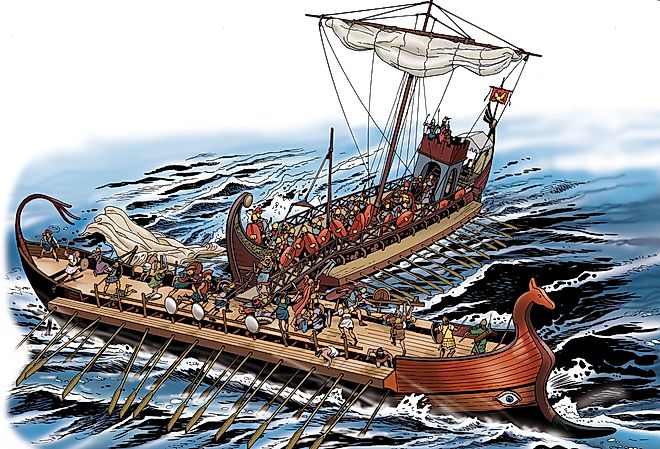 Illustration of Ancient Rome with Roman ship crow ramming Carthaginian ship.