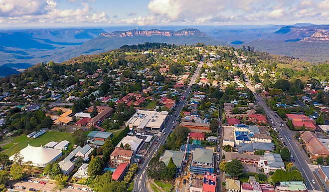 Aerial view of Katoomba and The Blue Mountains in Australia.