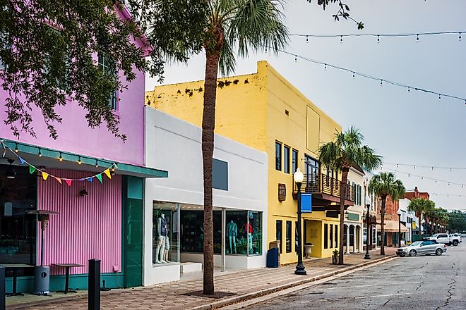 Colorful businesses in downtown Brunswick Georgia USA