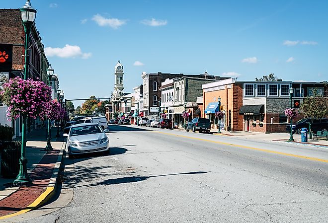 Buildings along Main Street in Georgetown, Kentucky. Image credit Alexey Stiop via Shutterstock