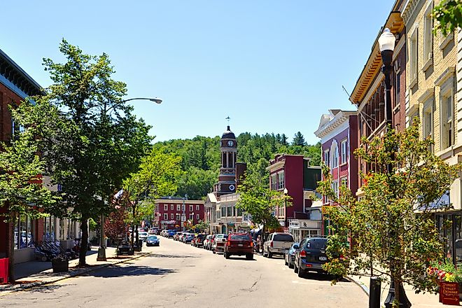 Main Street in village of Saranac Lake in Adirondack Mountains, New York, USA.
