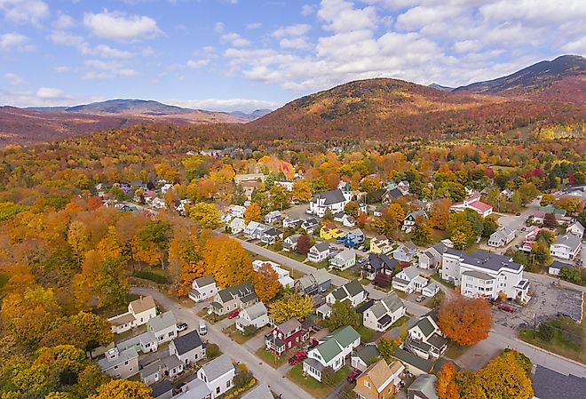 Aerial view with fall foliage in the town of Lincoln, New Hampshire