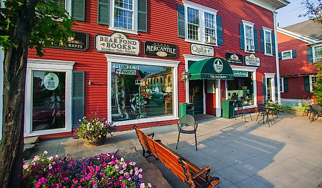 Late afternoon rural village stores scene in Stowe. Editorial credit: Don Landwehrle / Shutterstock.com