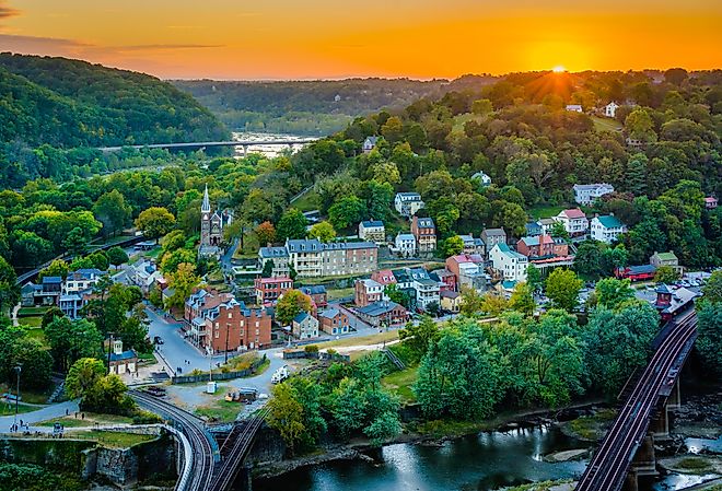 Sunset view of Harpers Ferry, West Virginia from Maryland Heights.