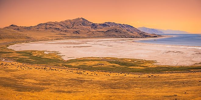 Great Salt Lake Summer Landscape in Syracuse, Greater Salt Lake City, Utah, USA: View from the Buffalo Point Hiking Trail