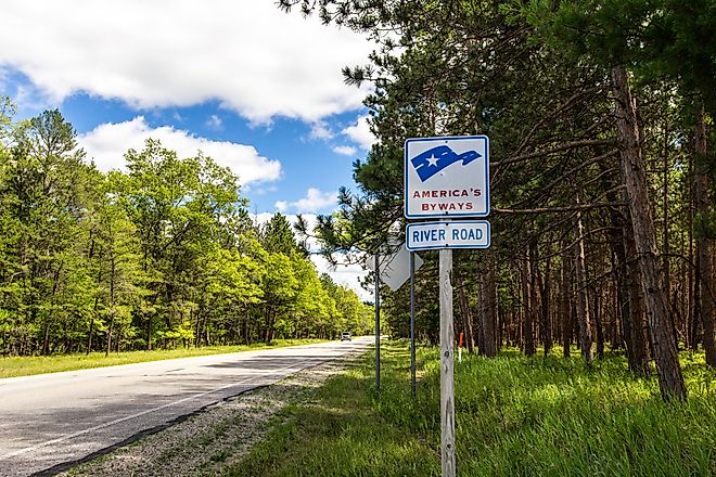 Sign for the River Road Scenic Byway in the Huron Manistee National Forest, Oscoda, Michigan. 