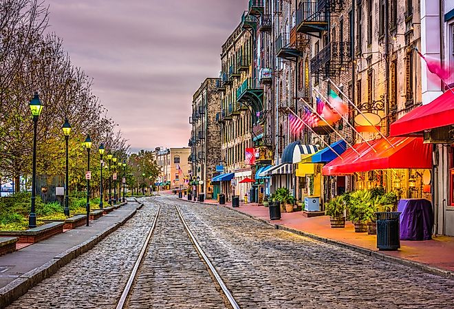 River Street in Savannah, Georgia at dusk.