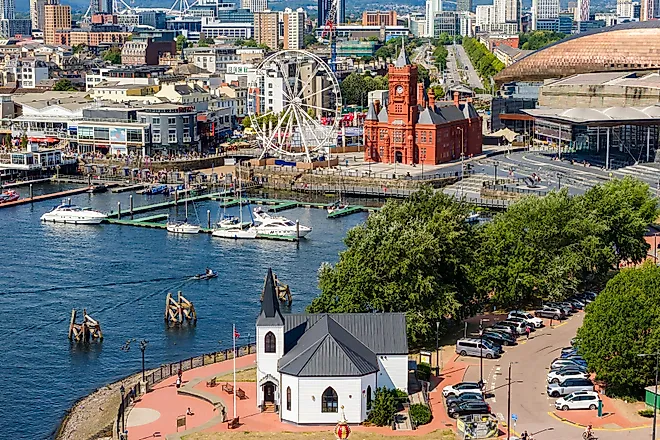 Cardiff, Wales: Aerial drone view of Cardiff Bay showing the Norwegian Church and Pierhead Building.