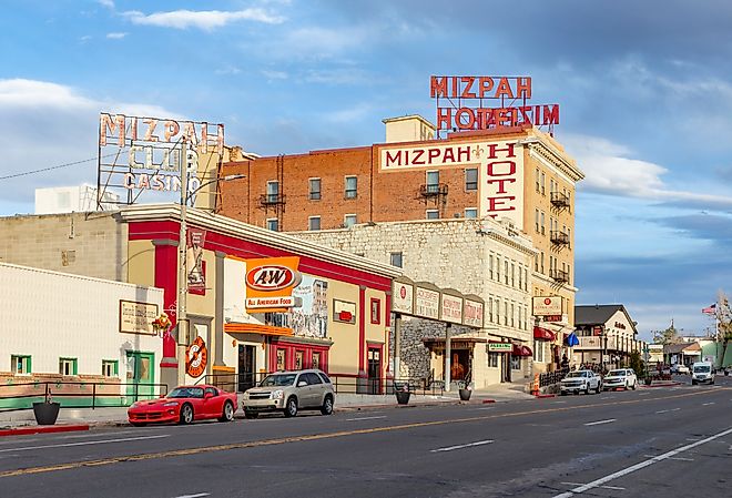 Old historic hotel, casino and bar Mizpah in the old mining town Tonopah, Nevada. Image credit travelview via Shutterstock