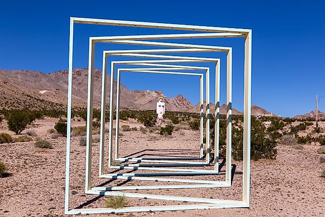 Lady Desert of Nevada Public Art Sculpture, Famous Goldwell Open Air Museum in Rhyolite Ghost Town. Editorial credit: Autumn Sky Photography / Shutterstock.com
