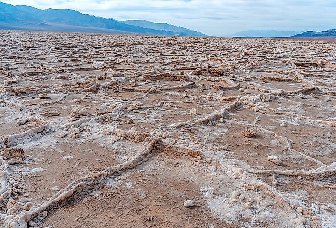 Panorama of the dried up salt lake Bad Water Basin in Death Valley.