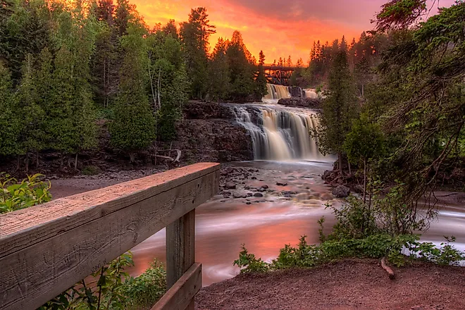 Gooseberry Falls State Park on Minnesota's North Shore of Lake Superior during sunset. 