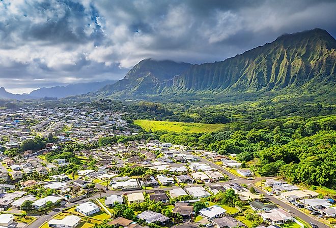 Aerial view by drone of Iailua town, Oahu island, Hawaii.