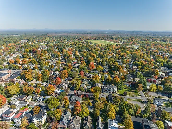 Early afternoon aerial view of Saratoga Springs, New York.